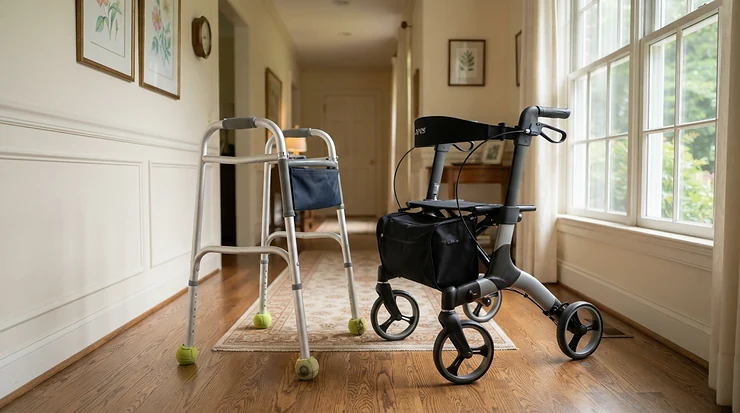 A small base quad cane vs large base quad cane shown side by side in a modern British hallway