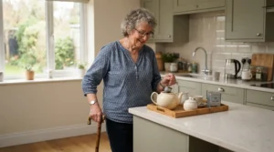 Maneuvering around tight kitchen corners highlights the small base quad cane vs large base quad cane differences.