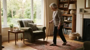 Navigating living room rugs and furniture with a small base quad cane vs large base quad cane for everyday mobility.