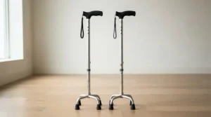 Side by side visual guide showing a narrow vs wide base quad cane as part of a small base quad cane vs large base quad cane review.