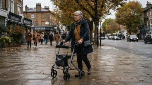 Demonstrating outdoor use of a small base quad cane vs large base quad cane on a typical British pavement.