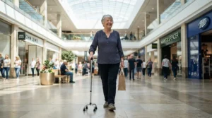 Shopping in a busy retail environment while evaluating the small base quad cane vs large base quad cane for crowded areas.