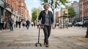A woman walking confidently on an urban pavement using a black quad cane under £30