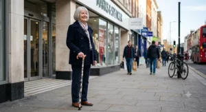 An elderly woman holding a stylish floral-patterned walking stick while standing outside a high-street shop.
