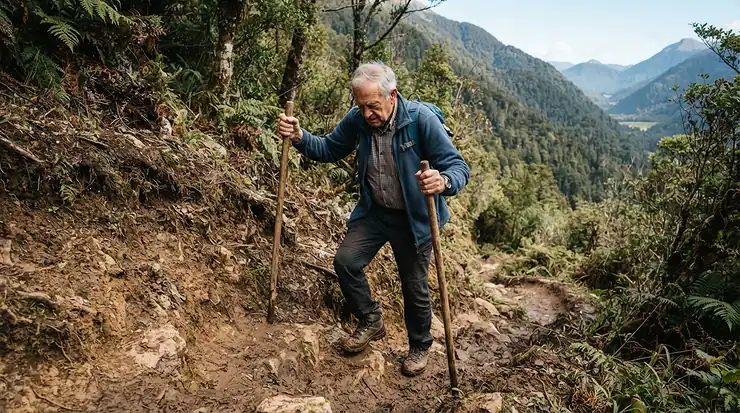 Stabilising a steep downhill descent with telescopic trekking poles for seniors in the Yorkshire Dales.
