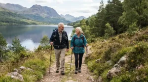 An older couple using telescopic trekking poles for seniors on a scenic walking trail in the Lake District.