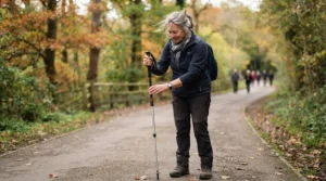 Checking the pole length adjustment range on telescopic trekking poles for seniors prior to a walk.