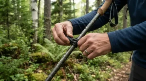 Close-up of a lever lock mechanism on telescopic trekking poles for seniors being used in a woodland.