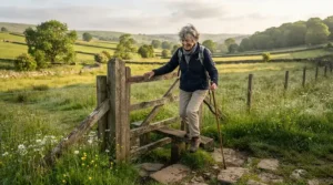 An active pensioner navigating a stone stile using telescopic trekking poles for seniors in the Peak District.