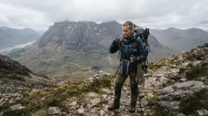 A mature hiker adjusting telescopic trekking poles for seniors before climbing a Scottish Highlands hill.