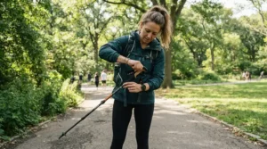 Demonstrating the twist lock mechanism on telescopic trekking poles for seniors in a park.