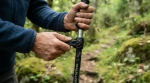 Close-up showing the locking mechanism when comparing adjustable telescopic trekking poles vs fixed length poles