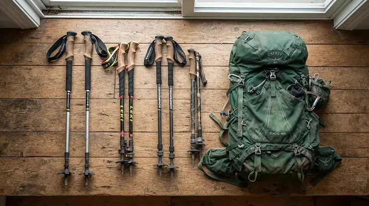 A gear layout comparing telescopic trekking poles vs fixed length poles side by side on a table