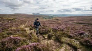Traversing uneven terrain while reviewing telescopic trekking poles vs fixed length poles on a Yorkshire moor