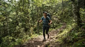 A walker navigating a steep incline to test telescopic trekking poles vs fixed length poles