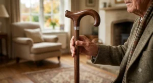 A classic handcrafted wooden walking stick with a polished derby handle for elderly users.