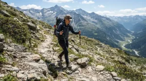Using trekking poles for arthritis to ease knee strain during a steep descent in Snowdonia