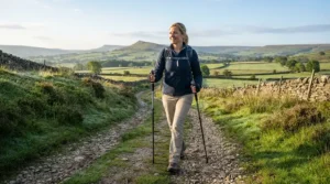 Ergonomic grip trekking poles for arthritis helping maintain posture on a Yorkshire Dales walk