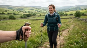 Ergonomic foam grip trekking poles for arthritis being used comfortably during a Cotswolds stroll