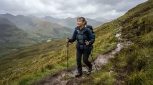 Hiker managing joint pain with trekking poles for arthritis on a steep Scottish Highlands incline
