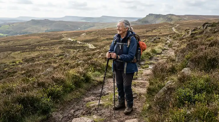 Senior hiker safely navigating uneven terrain with trekking poles for arthritis in the Peak District