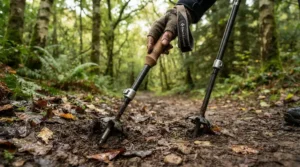 Close-up of shock-absorbing trekking poles for arthritis reducing impact on a forest track