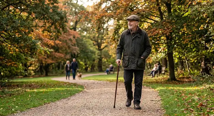 An elderly gentleman using a lightweight wooden walking stick while enjoying a walk through a classic British park. walking sticks for elderly