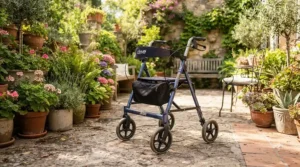 A wide-base quad walking stick providing extra security on a sunny garden patio.