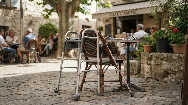 A customer resting their best elbow crutches against a table at an outdoor cafe terrace.