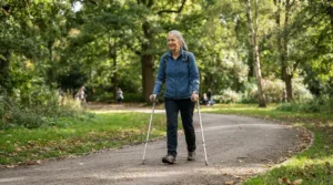 A person using the best elbow crutches with soft comfort grips while walking along a paved path in a public park.