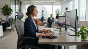 An office worker leaning against a desk, highlighting the ergonomic handle of the best elbow crutches.