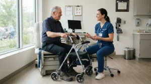 A healthcare professional demonstrating how to use the best elbow crutches safely inside a bright physiotherapy clinic.