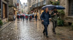 A pedestrian walking on wet cobbled stones in a historic town, relying on reliable best elbow crutches.