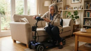 A close-up view of a user testing out the best elbow crutches during a home review in a London living room.