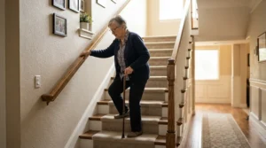 A person navigating a flight of indoor stairs carefully with their best elbow crutches and a handrail.