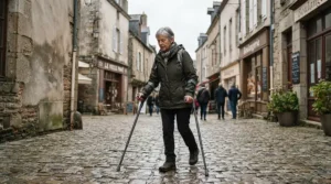 Walking outdoors on historic stone pavement using the best lightweight crutches safely