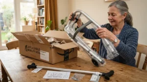 Unboxing a pair of affordable best lightweight crutches at a modern kitchen table