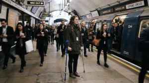 A commuter navigating a station platform with the best lightweight crutches during rush hour