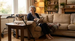 Relaxing in a living room while keeping the best lightweight crutches close to the sofa