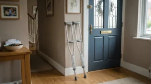 A pair of the best lightweight crutches leaning against a radiator in a British terraced house