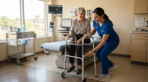 A nurse demonstrating proper usage of crutches for broken ankle during an A&E appointment in a hospital