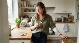 Person preparing a cup of tea while balancing on crutches for broken ankle in a modern kitchen