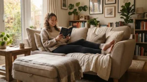 Relaxing on a sofa with leg elevated while using crutches for broken ankle at home