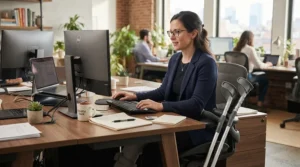 Working at a desk with crutches for broken ankle nearby in a contemporary office environment