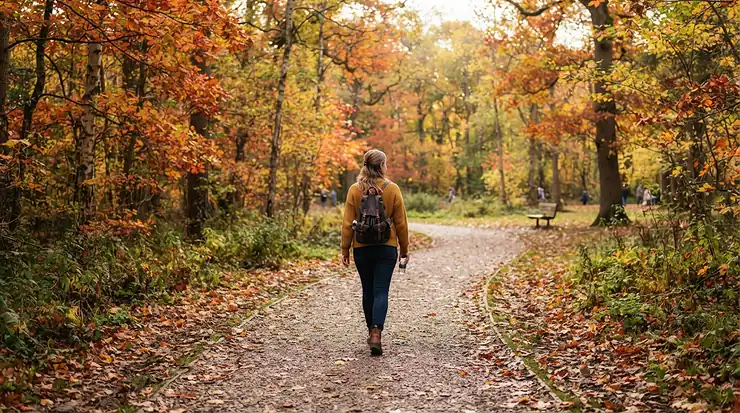 Enjoying fresh air on a park path with crutches for broken ankle during autumn