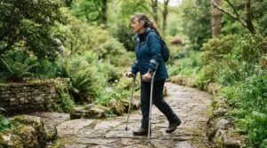 Walking down a high street pavement using crutches for broken ankle with a plaster cast