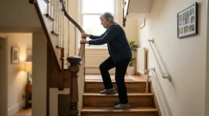 Patient carefully navigating flight of stairs using crutches for broken ankle in a terraced house hallway