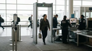 Passenger passing through airport security scanner while using folding crutches for travel.