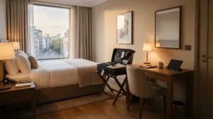Visitor entering a hotel bedroom with folding crutches for travel leaning against the desk.