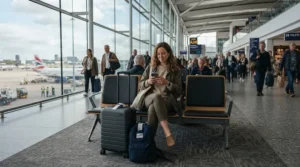 A traveller sitting in a busy airport departure lounge holding folding crutches for travel next to their luggage.